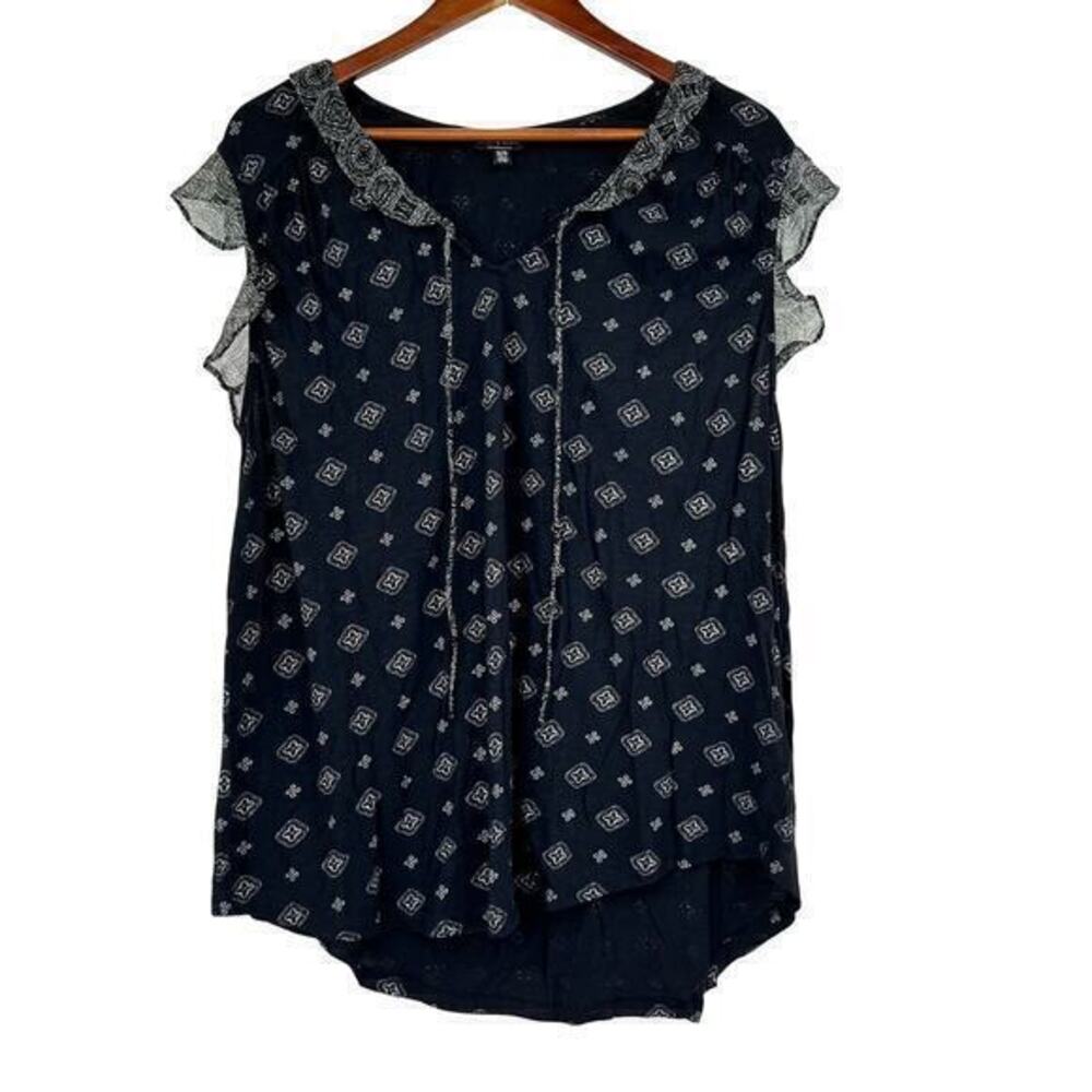 Lucky Brand plus size black geometric print flutter sleeve top tassels size 1X